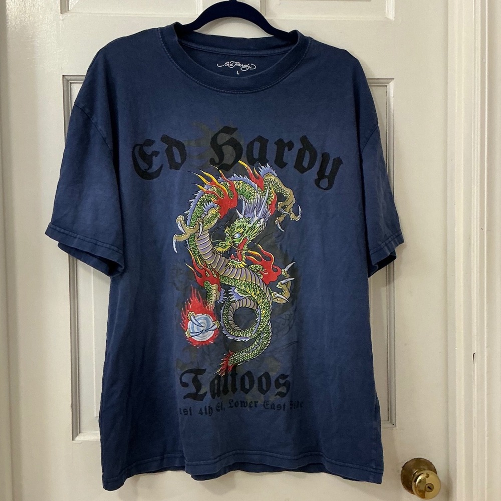 Ed Hardy Dragon Tattoo T Shirt Mens L Blue Cotton Graphic Y2K Vintage Style